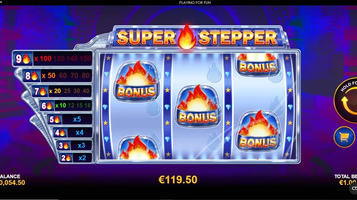 Interface neon do slot Super Stepper com a Escada de Multiplicadores em destaque
